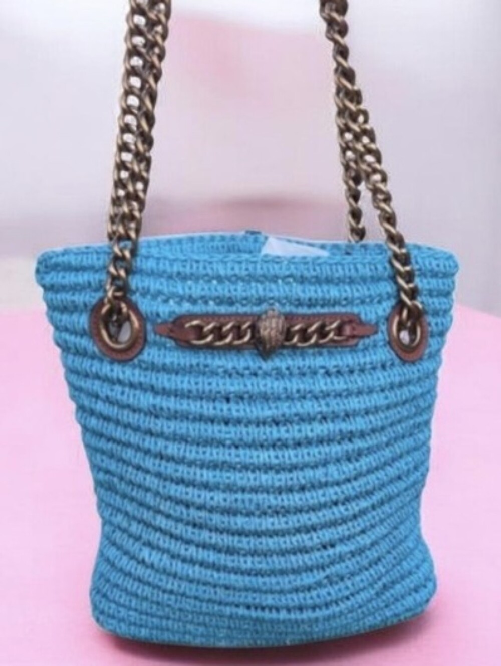 Kurt Geiger Woven Straw Tote Bag in Bright Turquoise with Chain Handle